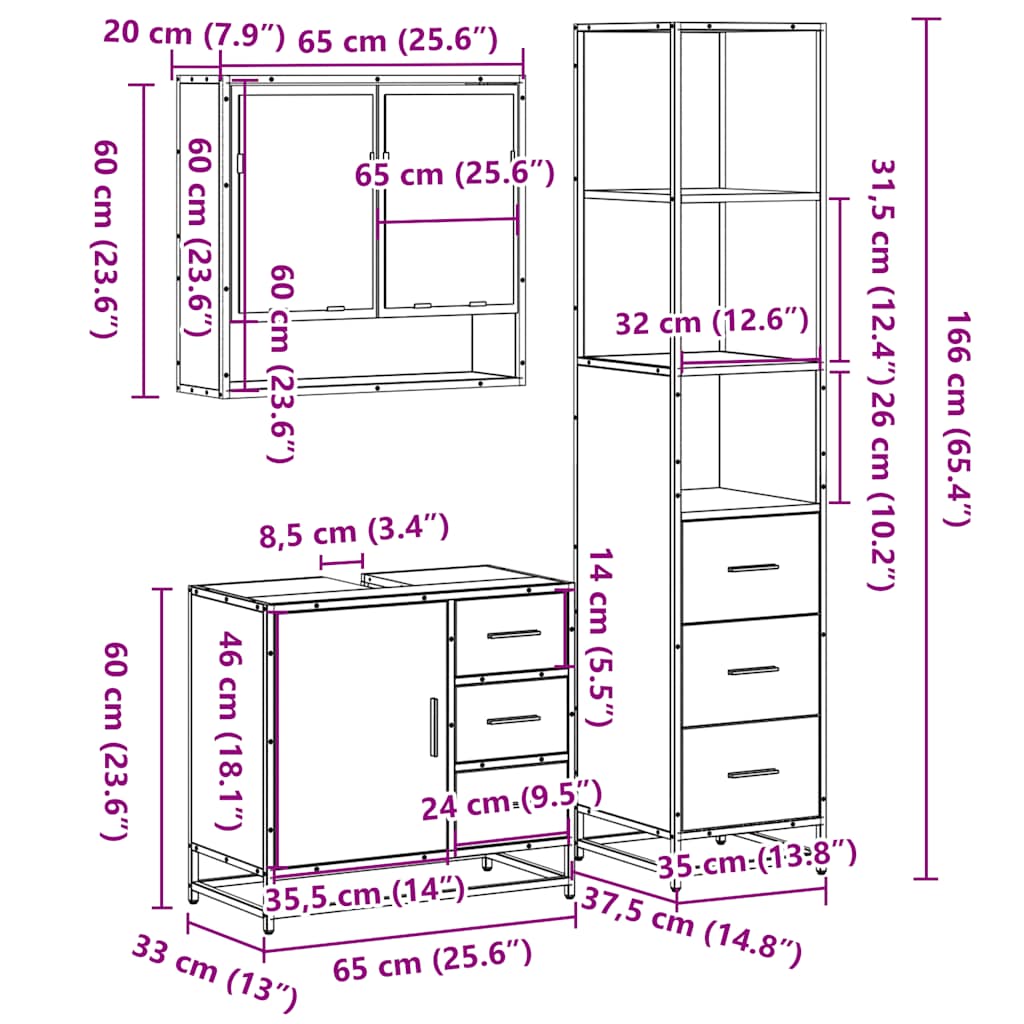 3 Piece Bathroom Furniture Set Engineered Wood