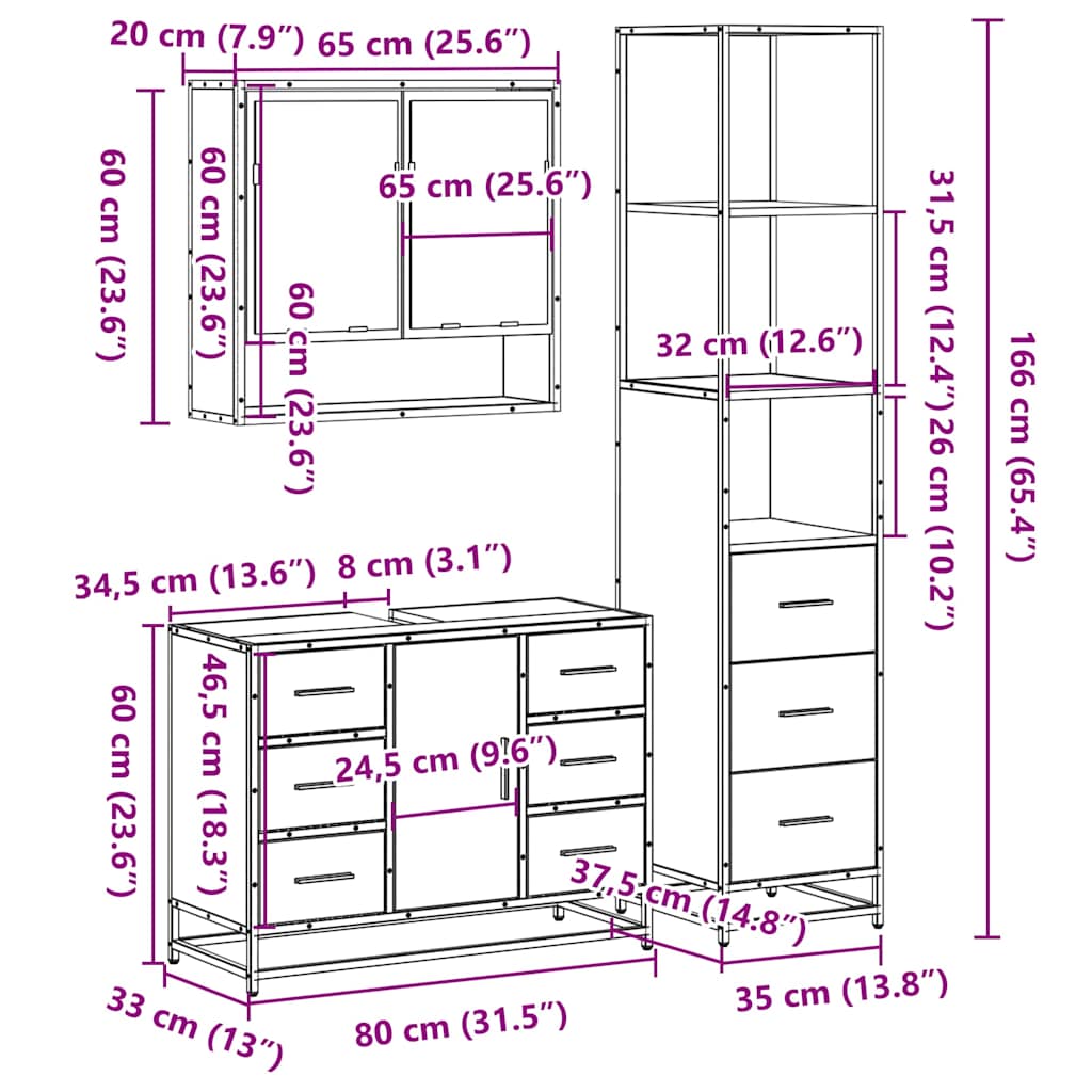 3 Piece Bathroom Furniture Set Engineered Wood
