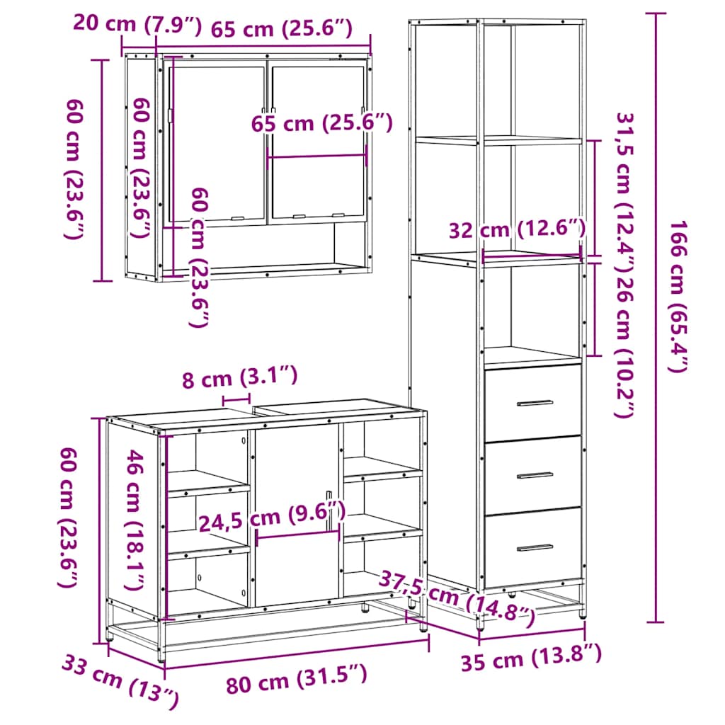 3 Piece Bathroom Furniture Set Engineered Wood