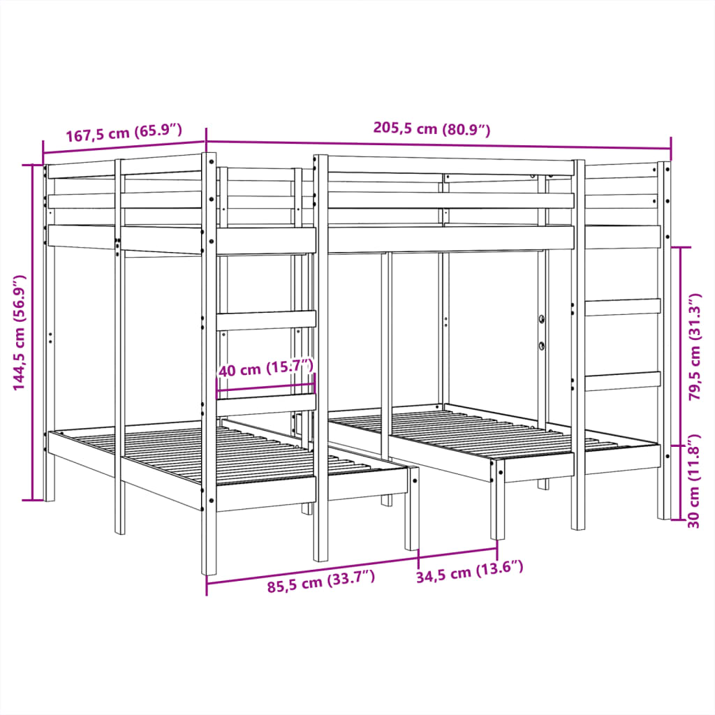 Triple Bunk Bed Frame Solid Wood Pine