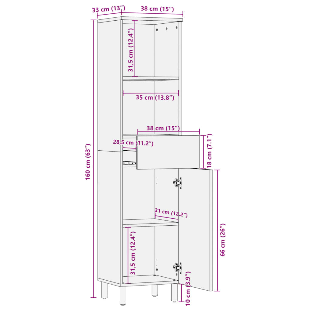 Bathroom Cabinet Black 38X33X160 Cm Solid Wood Mango
