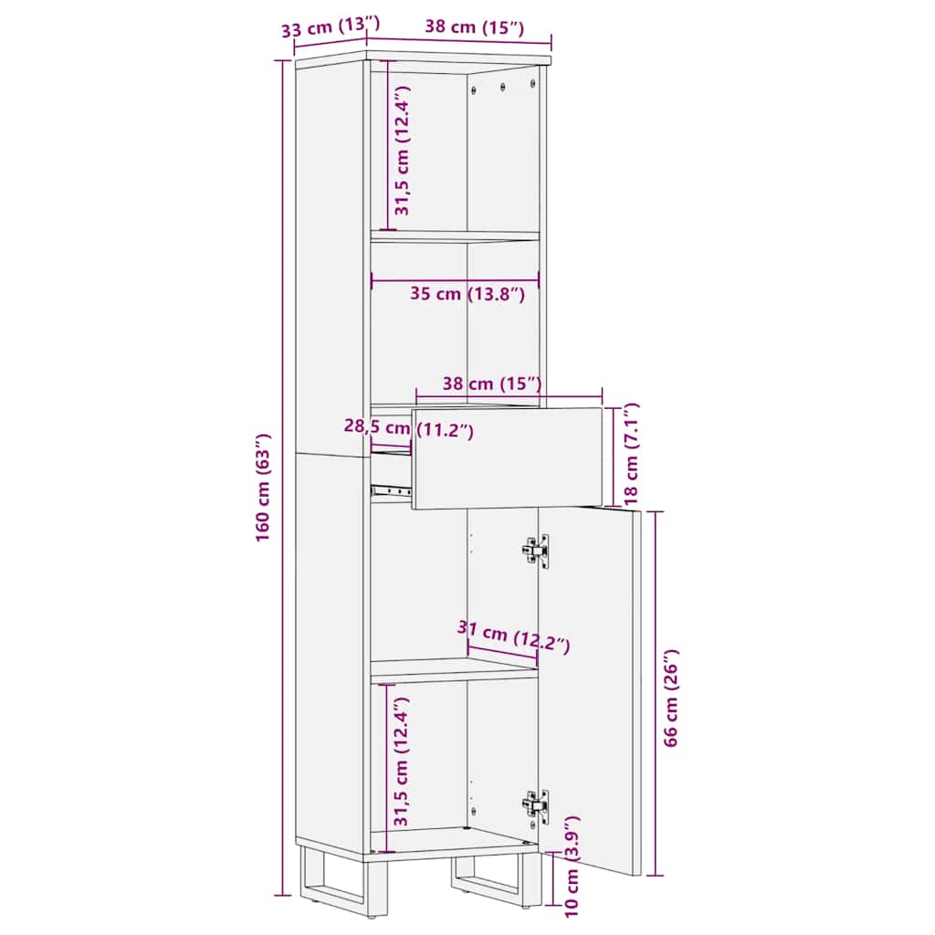 Bathroom Cabinet Black 38X33X160 Cm Solid Wood Mango