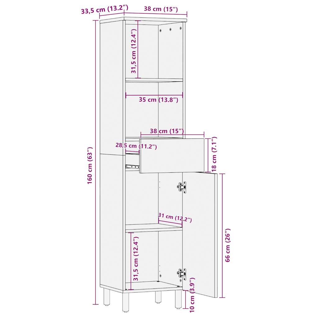 Bathroom Cabinet 38X33.5X160 Cm Solid Wood Mango
