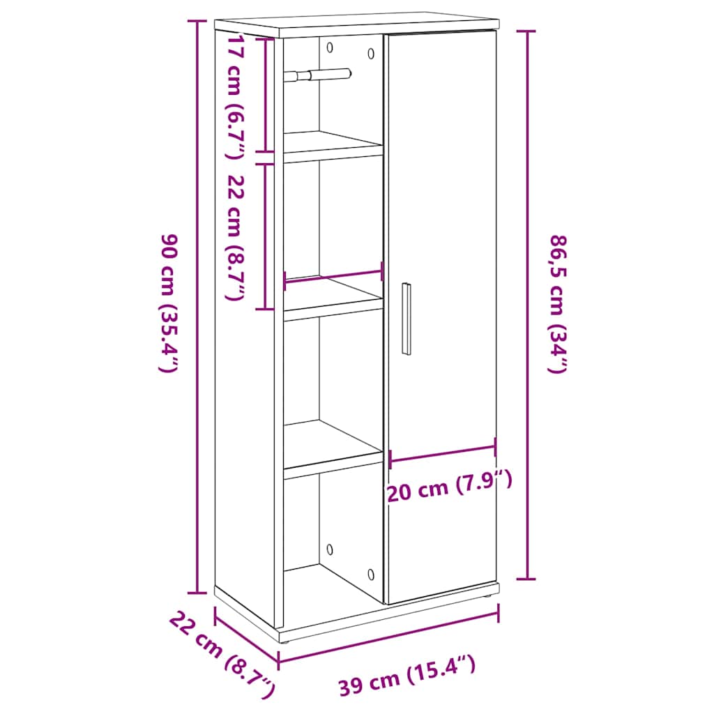 Bathroom Cabinet With Roll Holder 39X22X90 Cm