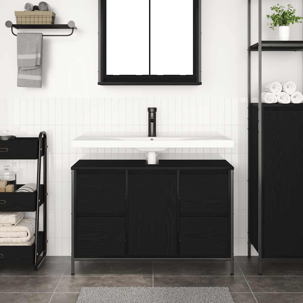 Basin Cabinet With Drawers Black Oak 90X34.5X60 Cm