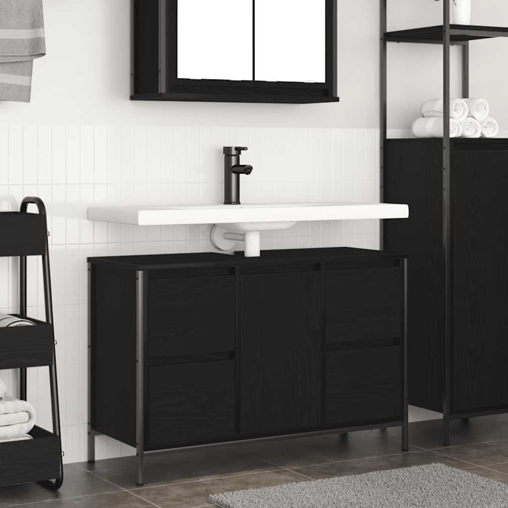 Basin Cabinet With Drawers Black Oak 90X34.5X60 Cm