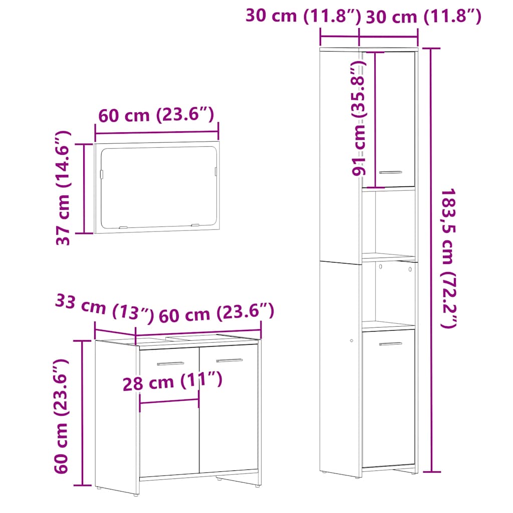 3 Piece Bathroom Furniture Set Engineered Wood