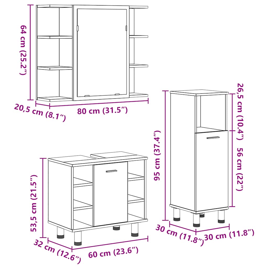 3 Piece Bathroom Furniture Set Engineered Wood