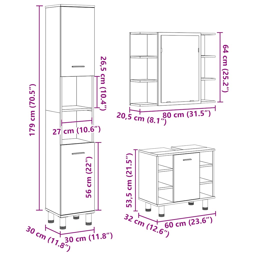 3 Piece Bathroom Furniture Set Engineered Wood