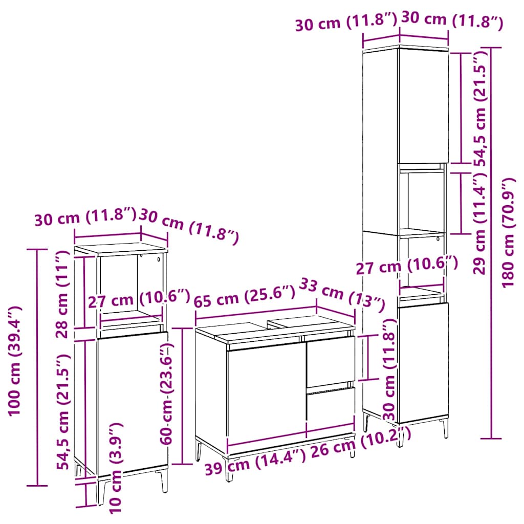 Bathroom Furniture Set With Drawer 3 Pcs Black 30 X 30 X 180 Cm