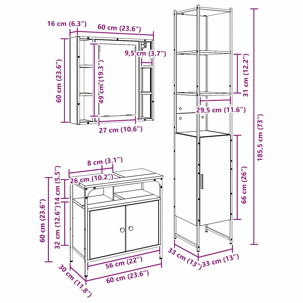 Bathroom Cabinet Set 3 Pcs 33 X 33 X 185.5 Cm