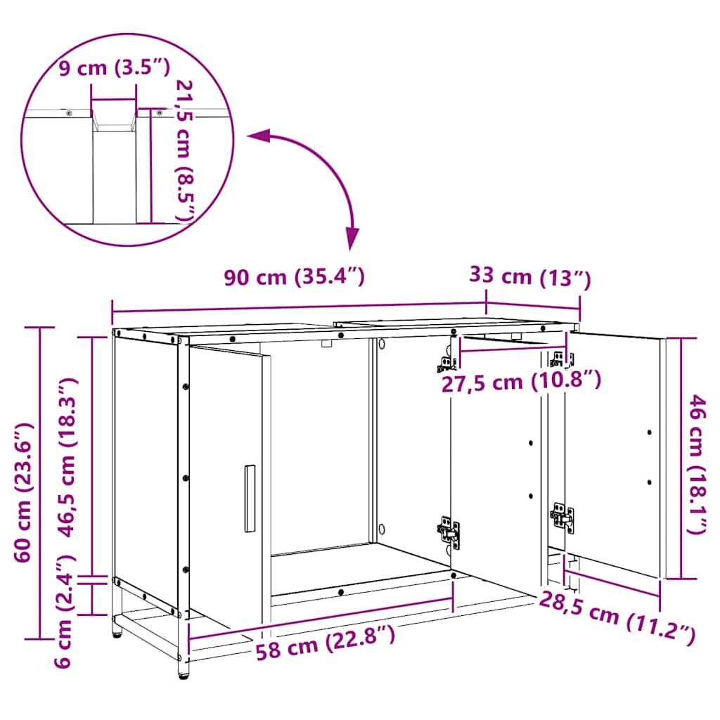 Bathroom Sink Cabinet With Shelf Artisan Oak 90 X 33 X 60 Cm