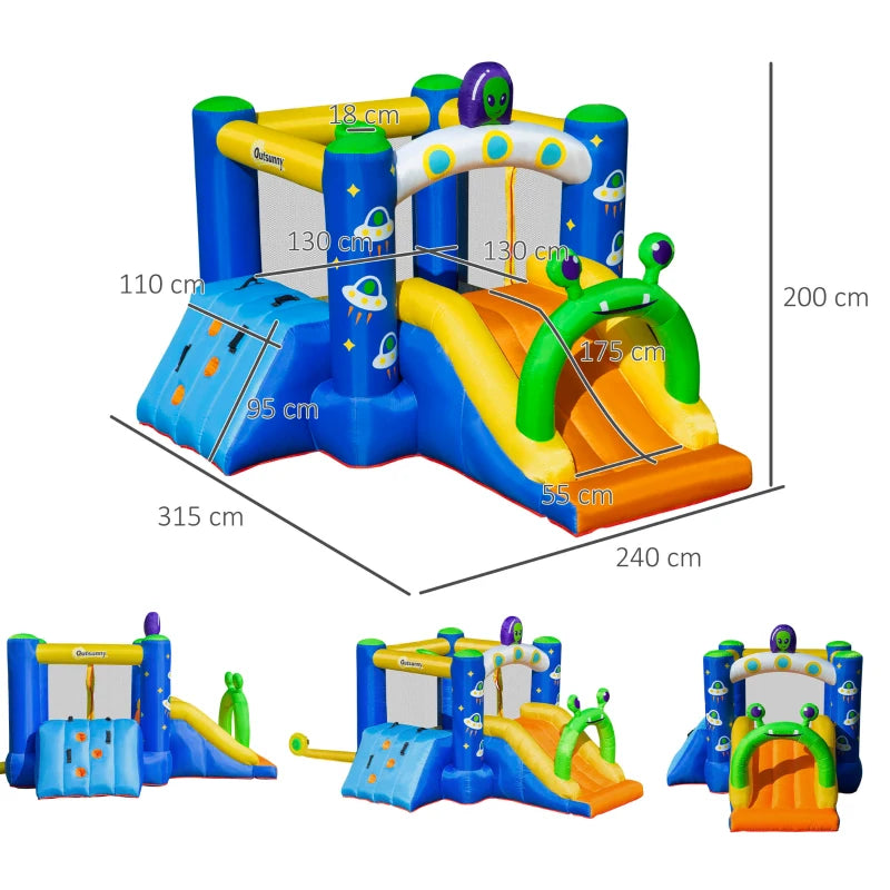 Outsunny 4 in 1 Kids Bouncy Castle Large Alien Style Inflatable House Slide Trampoline Climbing Wall Basket with Air blower Carrybag Patches for Kids Age 3-8
