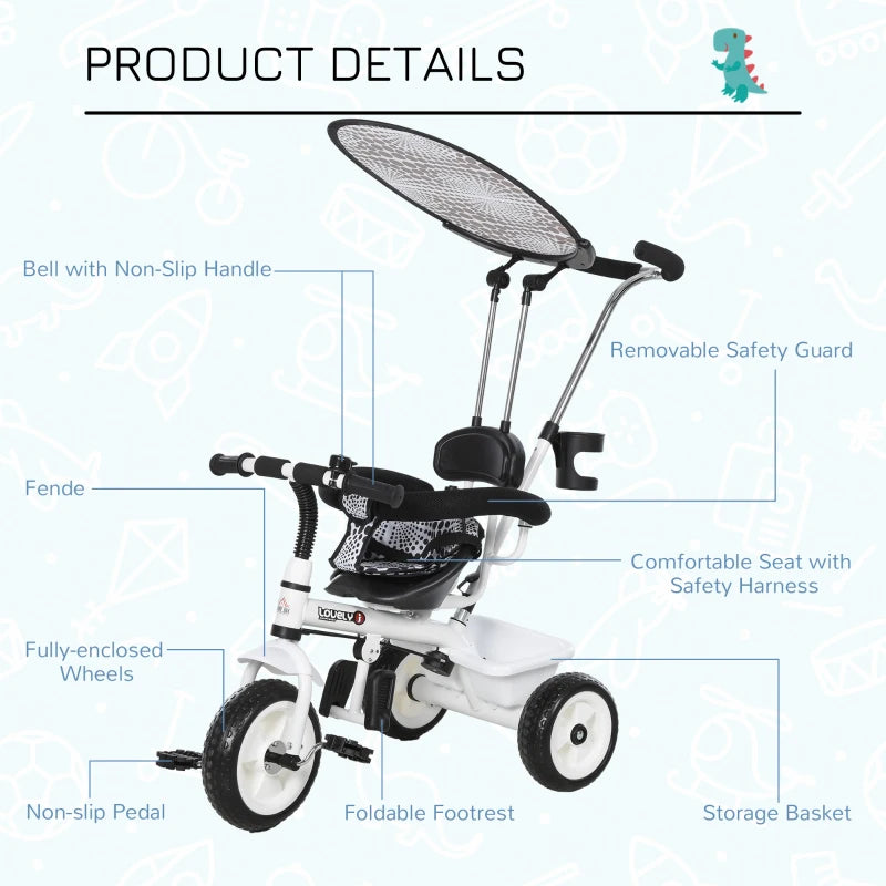 HOMCOM 4 in 1 Tricycle for Kids Toddler Trike with Parent Handle Adjustable Handle Canopy