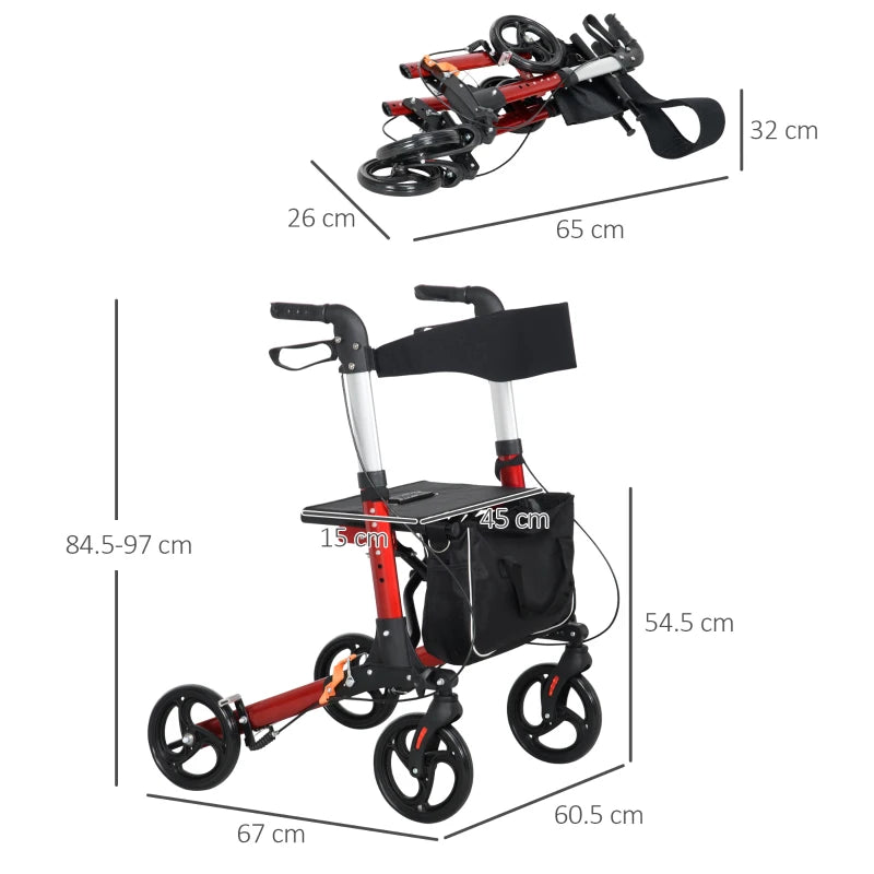 HOMCOM Folding Rollator Walker with Seat and Back, Lightweight Walking Frame with Removable Storage Bag, Dual Brakes, Adjustable Handle, 4 Wheeled Walker for Elderly, Handicapped, Red