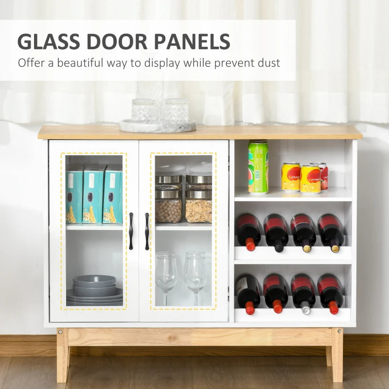HOMCOM 8 Bottles Wine Cabinet with Tabletop, Storage Cabinet Sideboard with Wine Holder, 2 Glass Door Display Cupboard, Soft Close, Adjustable Shelf, White