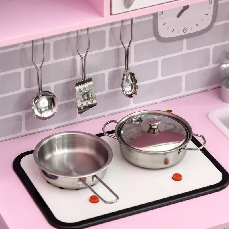 HOMCOM Pink Childrens Kitchen, with Lights, Sounds, Microwave, Sink and Storage