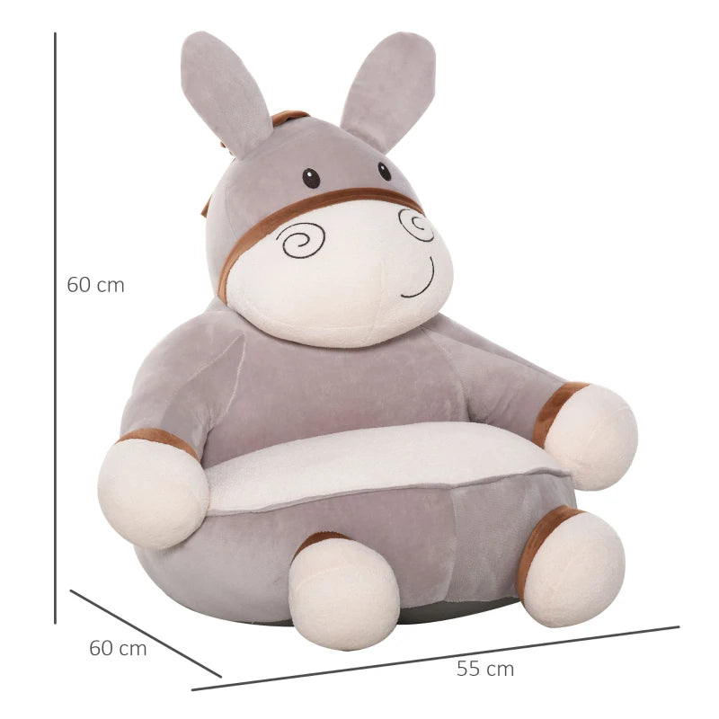 HOMCOM Toddlercouch, Cartoon Cute Donkey Multi-functional with Armrest Flannel PP Cotton 60 x 55 x 60cm Grey