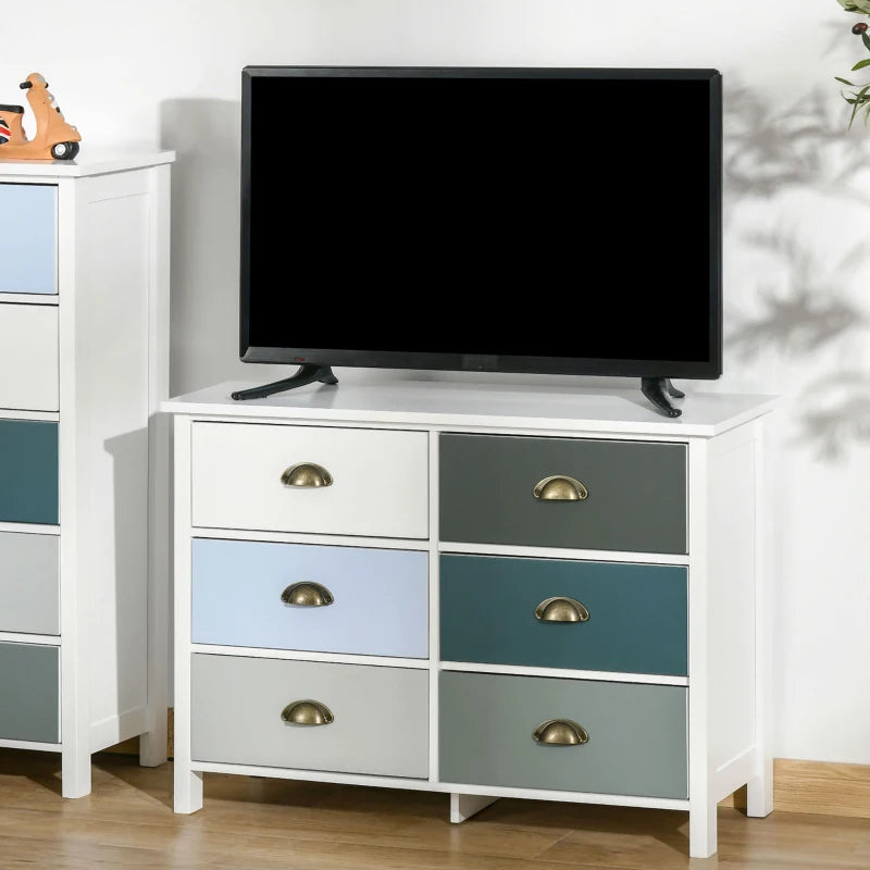 HOMCOM Chest of Drawers, 6-Drawer Dresser, Shabby Chic Storage Cabinet with Antique Handles for Bedroom, Multi-Coloured