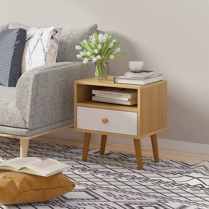 HOMCOM Wooden Bedside Table, with Drawer and Shelf, Modern Nightstand, End Table for Living Room, Bedroom, Natural