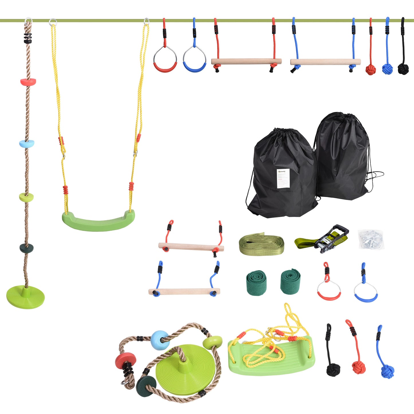 Outsunny Ninja Warrior Obstacle Course for Kids 46FT Slackline Kit w/ Training Equipment