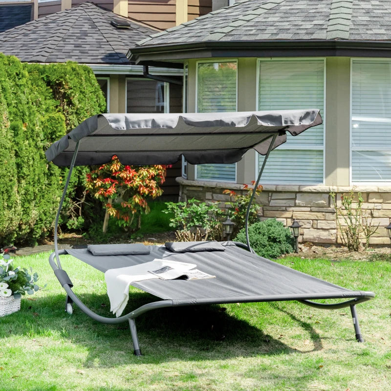 Outsunny Double Hammock Sun Lounger Bed Canopy Shelter Wheels 2 Pillows Patio Grey