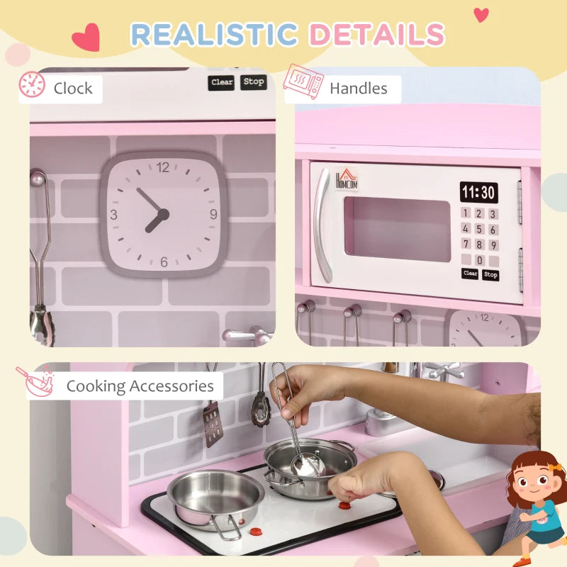 HOMCOM Pink Childrens Kitchen, with Lights, Sounds, Microwave, Sink and Storage