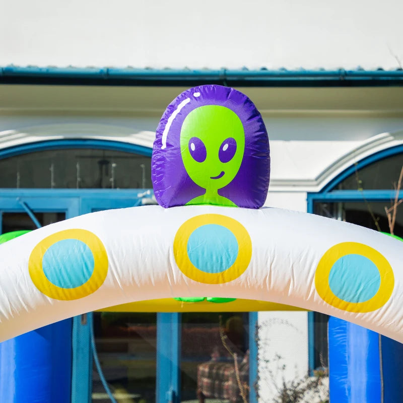 Outsunny 4 in 1 Kids Bouncy Castle Large Alien Style Inflatable House Slide Trampoline Climbing Wall Basket with Air blower Carrybag Patches for Kids Age 3-8