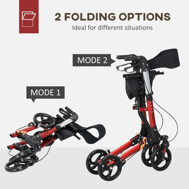 HOMCOM Folding Rollator Walker with Seat and Back, Lightweight Walking Frame with Removable Storage Bag, Dual Brakes, Adjustable Handle, 4 Wheeled Walker for Elderly, Handicapped, Red