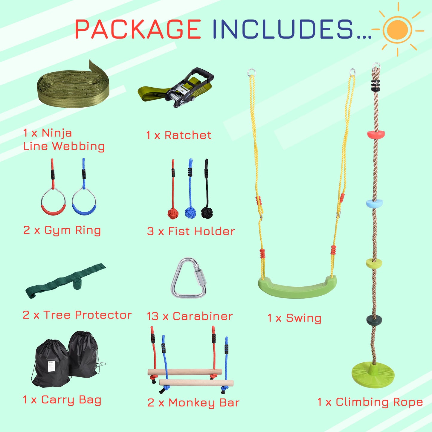 Outsunny Ninja Warrior Obstacle Course for Kids 46FT Slackline Kit w/ Training Equipment