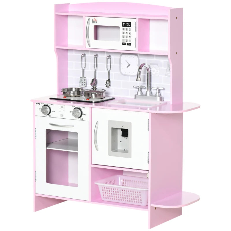 HOMCOM Pink Childrens Kitchen, with Lights, Sounds, Microwave, Sink and Storage