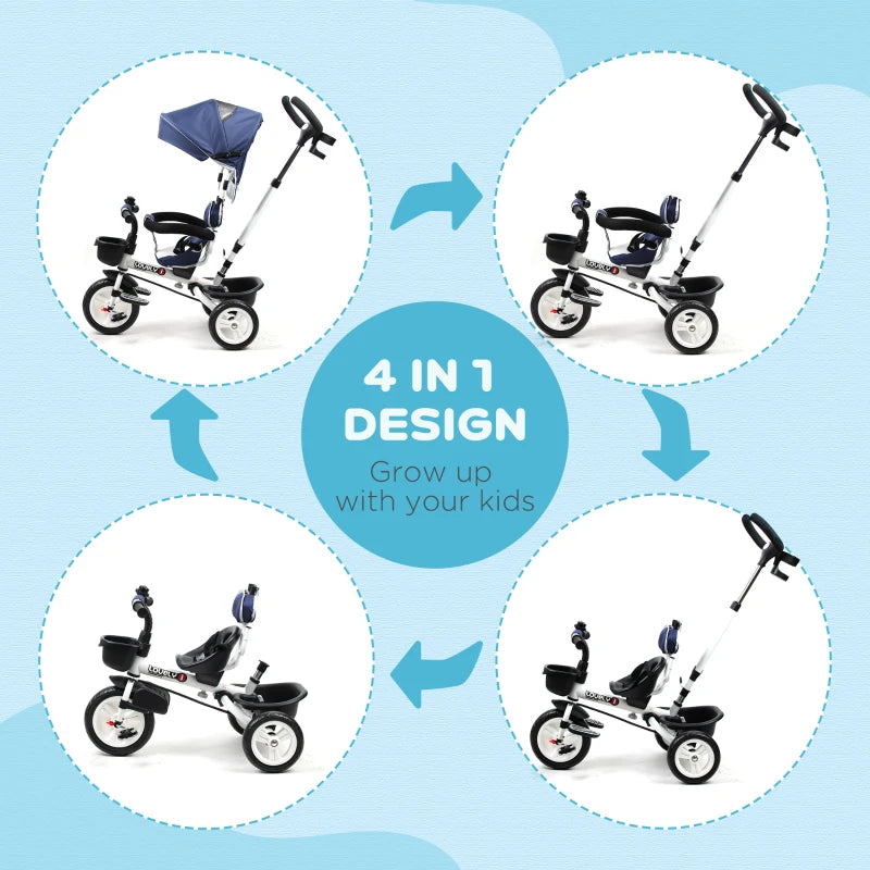 HOMCOM 4 in 1 Tricycle for Kids Toddler Folding Trike with Parent Handle Reversible Seat Adjustable Handle Removable Canopy Safety Belt Blue