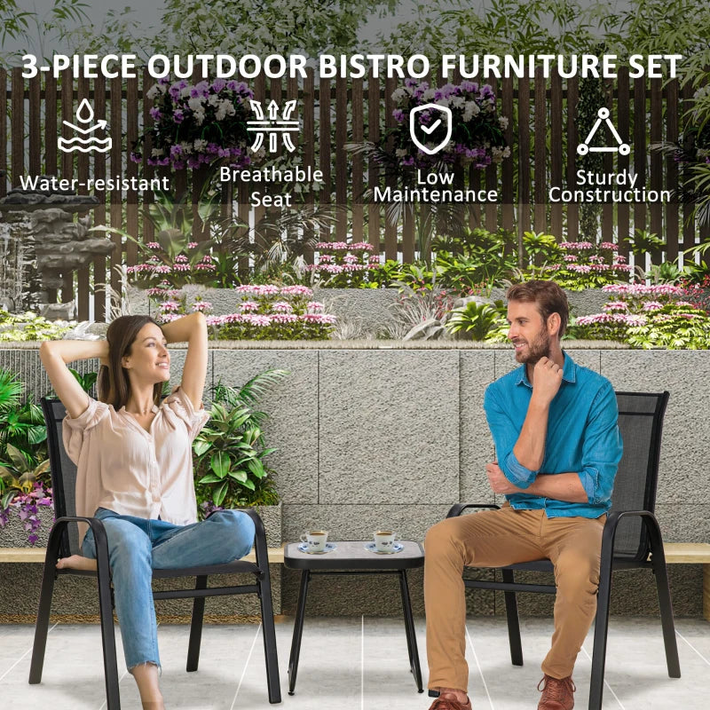 3 Pieces Outdoor Bistro Set, Stackable Armchairs and SPC Board Coffee Table, Black
