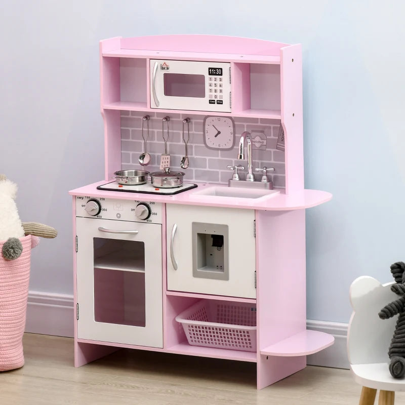 HOMCOM Pink Childrens Kitchen, with Lights, Sounds, Microwave, Sink and Storage