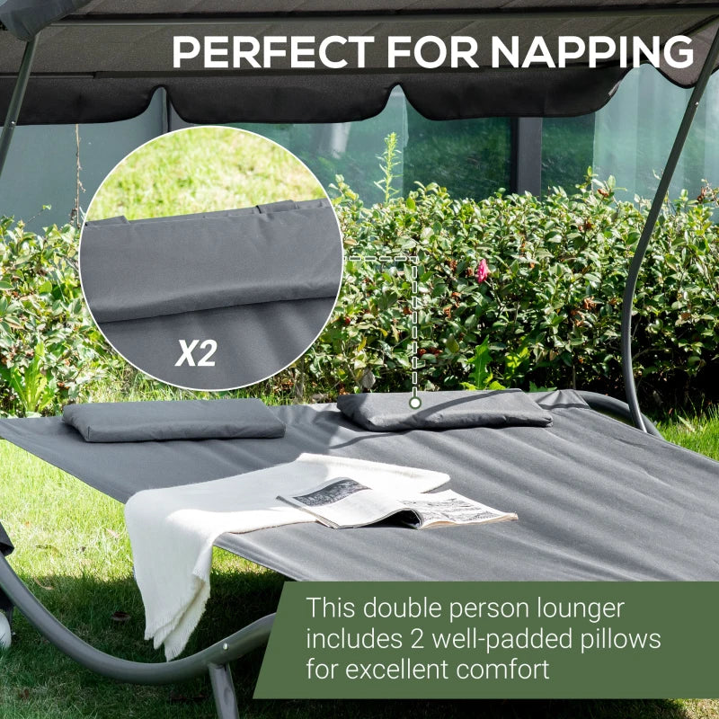 Outsunny Double Hammock Sun Lounger Bed Canopy Shelter Wheels 2 Pillows Patio Grey