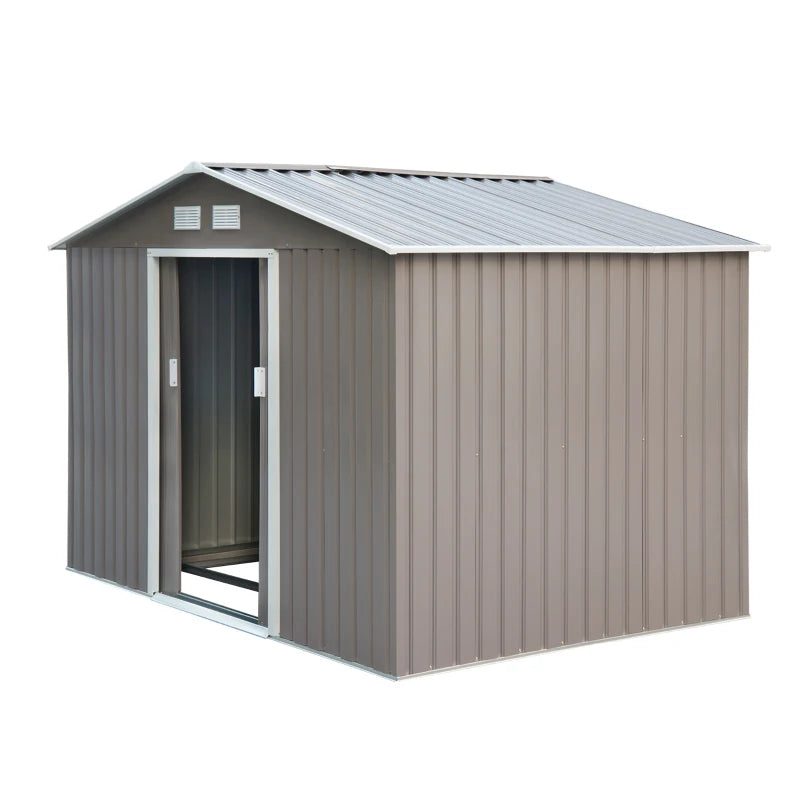Outsunny 9 x 6FT Outdoor Garden Roofed Metal Storage Shed Tool Box with Foundation Ventilation & Doors Light, Grey