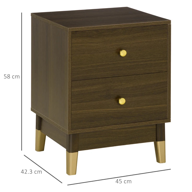 HOMCOM Bedside Table, Modern Nightstand with 2 Drawers, End Side Table for Bedroom and Living Room, Brown