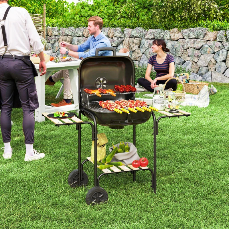 Outsunny Charcoal Barbecue Grill Portable BBQ Grill with 1840 cm² Cooking Area, 3 Shelves, Adjustable Vent, Lockable Lid, Wheels for Outdoor Cooking, Garden Party, Black