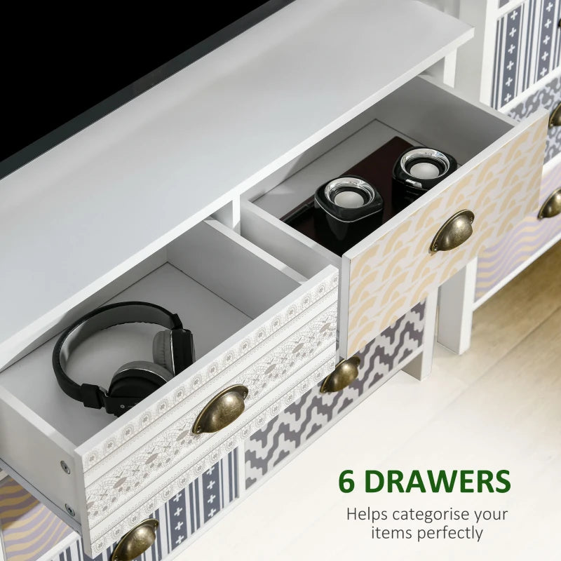 HOMCOM Chest of Drawers, 6 Drawer Dresser w/ Antique Metal Handles and Multi-Coloured Patterns, Storage Drawer Unit for Bedroom