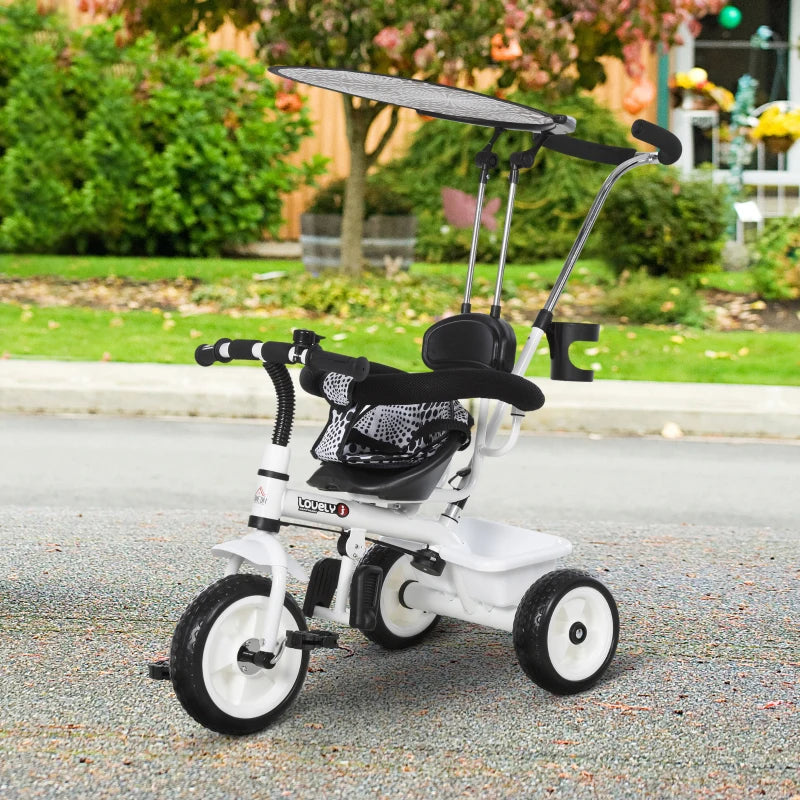 HOMCOM 4 in 1 Tricycle for Kids Toddler Trike with Parent Handle Adjustable Handle Canopy