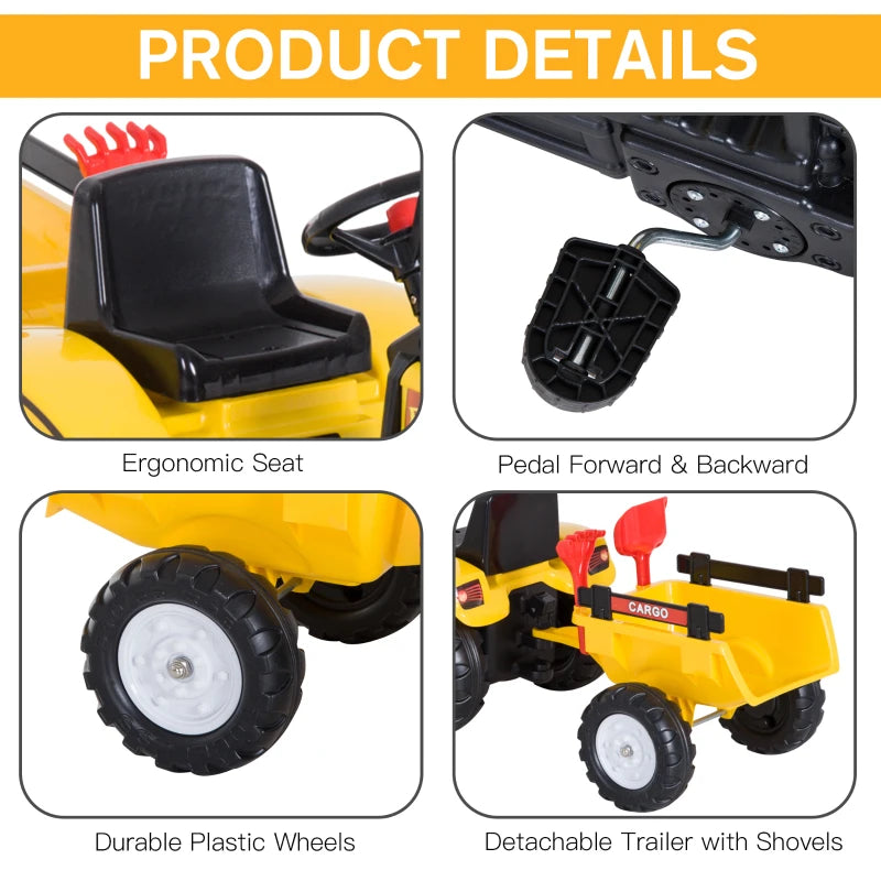 HOMCOM Pedal Go Kart, Kids Ride on Tractor, Child Four Wheels Toy with Shovel and Rake