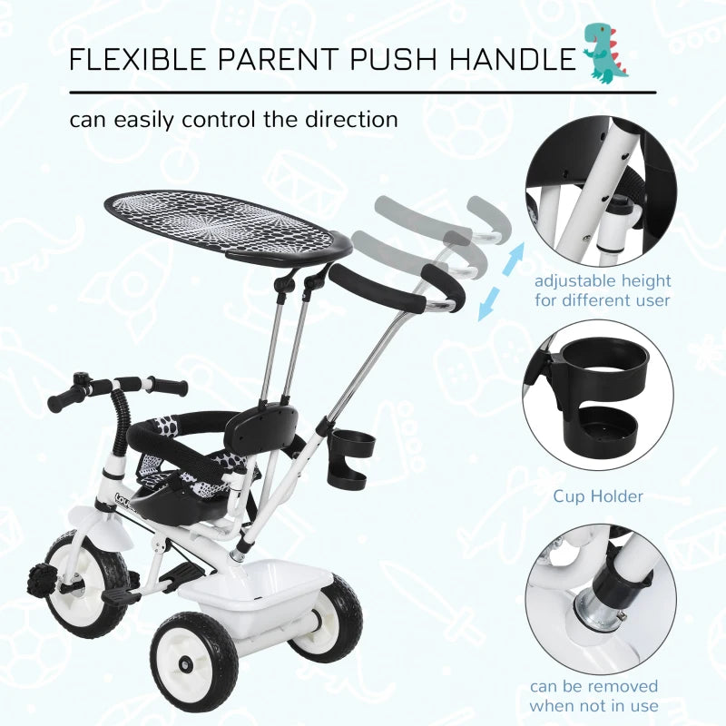 HOMCOM 4 in 1 Tricycle for Kids Toddler Trike with Parent Handle Adjustable Handle Canopy