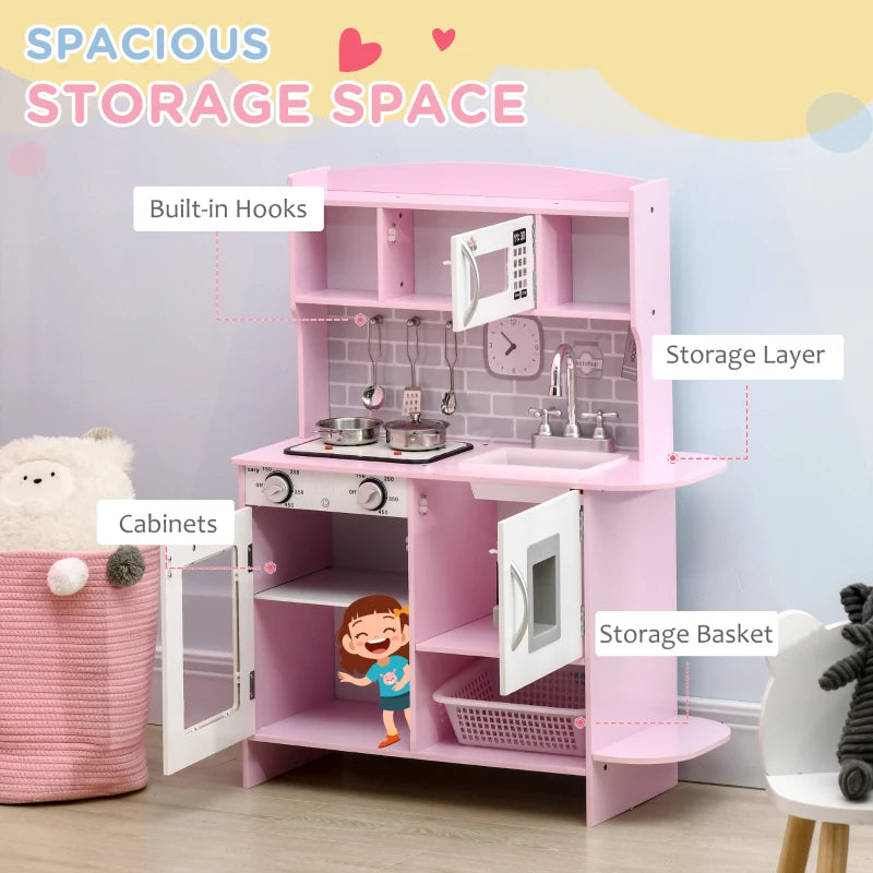 HOMCOM Pink Childrens Kitchen, with Lights, Sounds, Microwave, Sink and Storage