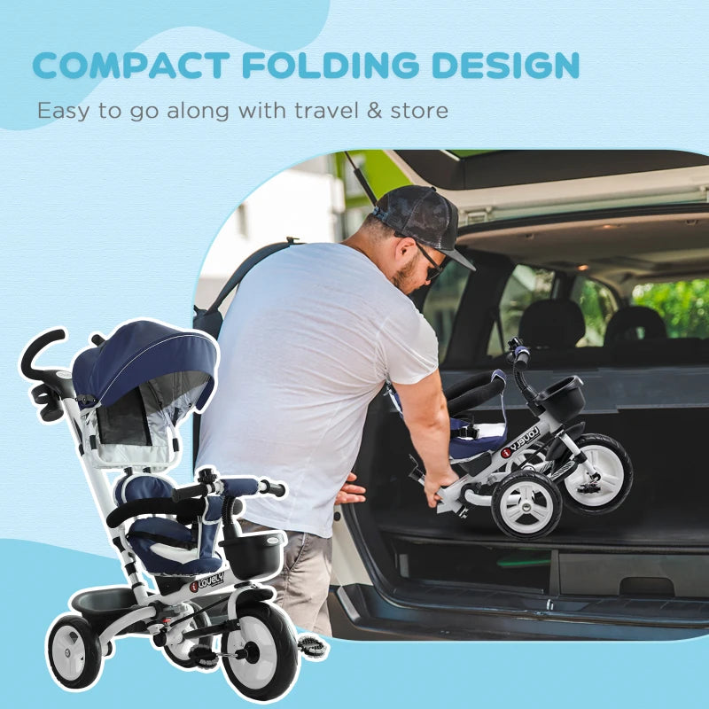 HOMCOM 4 in 1 Tricycle for Kids Toddler Folding Trike with Parent Handle Reversible Seat Adjustable Handle Removable Canopy Safety Belt Blue