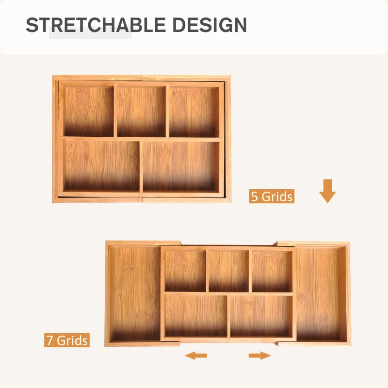 HOMCOM Bamboo Extendable Tray for Drawer with Dividers, 5-7 Compartments, Cutlery Organiser, Drawer Inserts, Natural