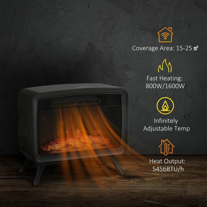 HOMCOM 800W/1600W Electric Fireplace, Freestanding or Tabletop Small Electric Stove with LED Flame Effect and Overheating Protection, Black