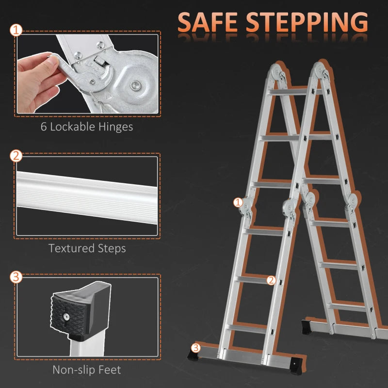 DURHAND Multifunctional 5-in-1 Telescoping Ladder with Safety Platforms, Alloy Aluminium 3.4M Multi Purpose 4-Fold Collapsible Ladder with 12 Steps, 150 kg Weight Capacity