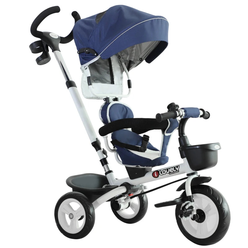 HOMCOM 4 in 1 Tricycle for Kids Toddler Folding Trike with Parent Handle Reversible Seat Adjustable Handle Removable Canopy Safety Belt Blue