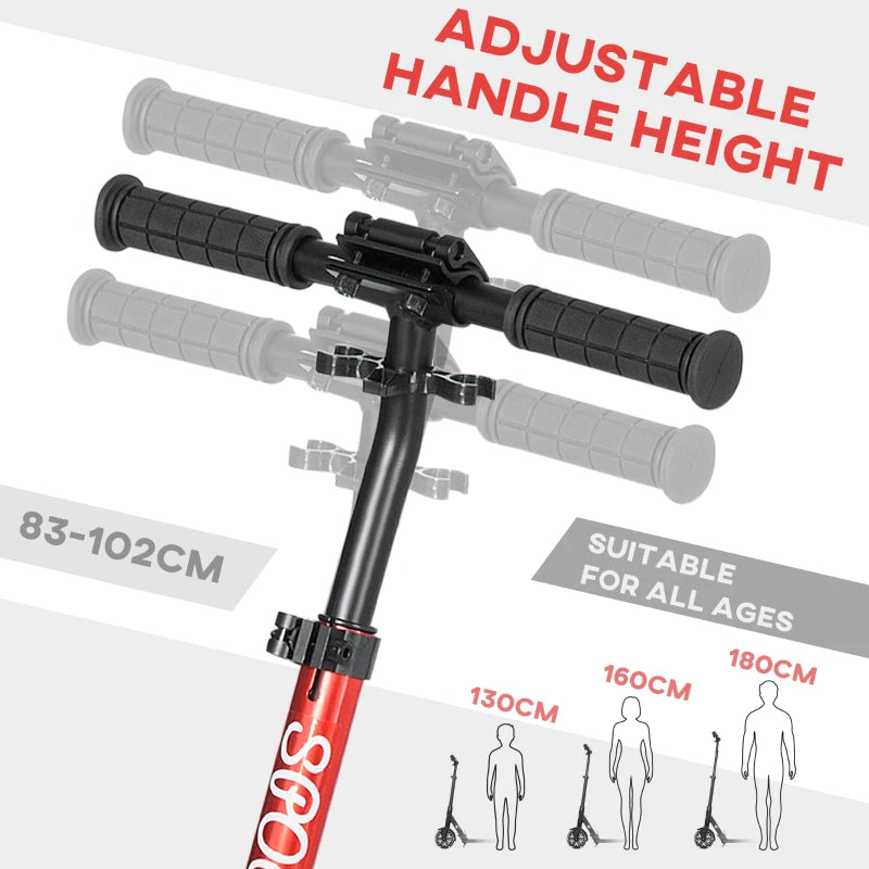 Foldable Adjustable Kick Scooter, with Dual Shock Absorber and ABEC-9 Bearing - Red