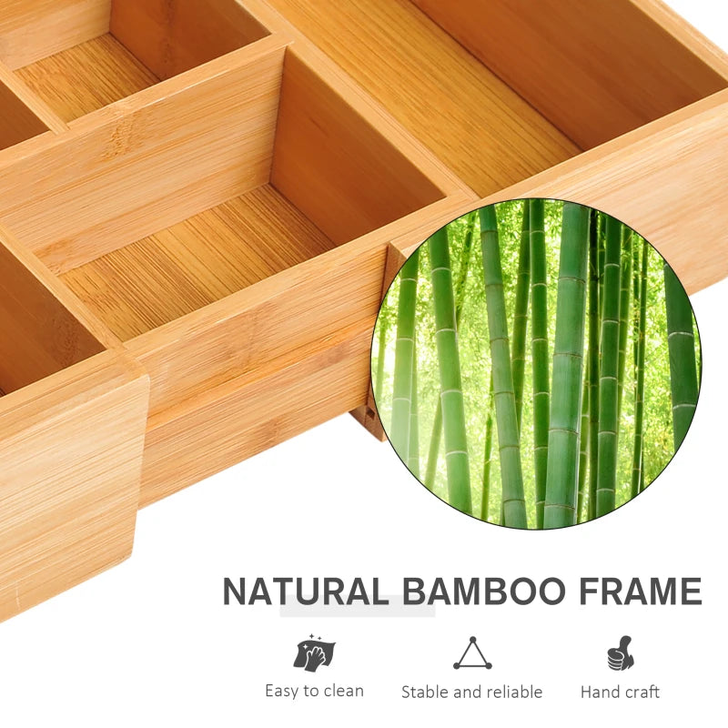 HOMCOM Bamboo Extendable Tray for Drawer with Dividers, 5-7 Compartments, Cutlery Organiser, Drawer Inserts, Natural